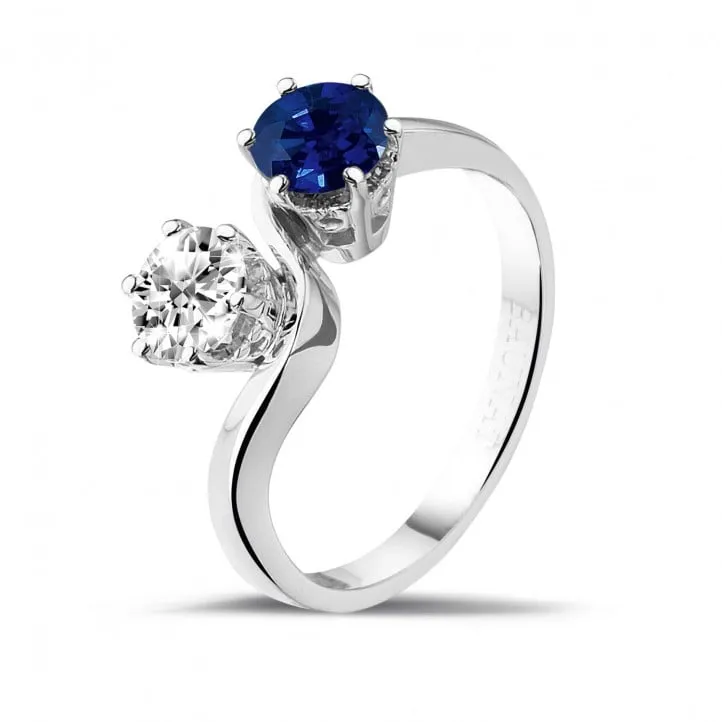 Anillo Toi et Moi en platino con zafiro y diamante redondo 