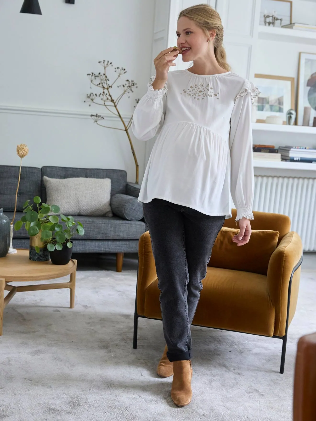 Blusa para embarazo bordada de gasa de algodón y viscosa