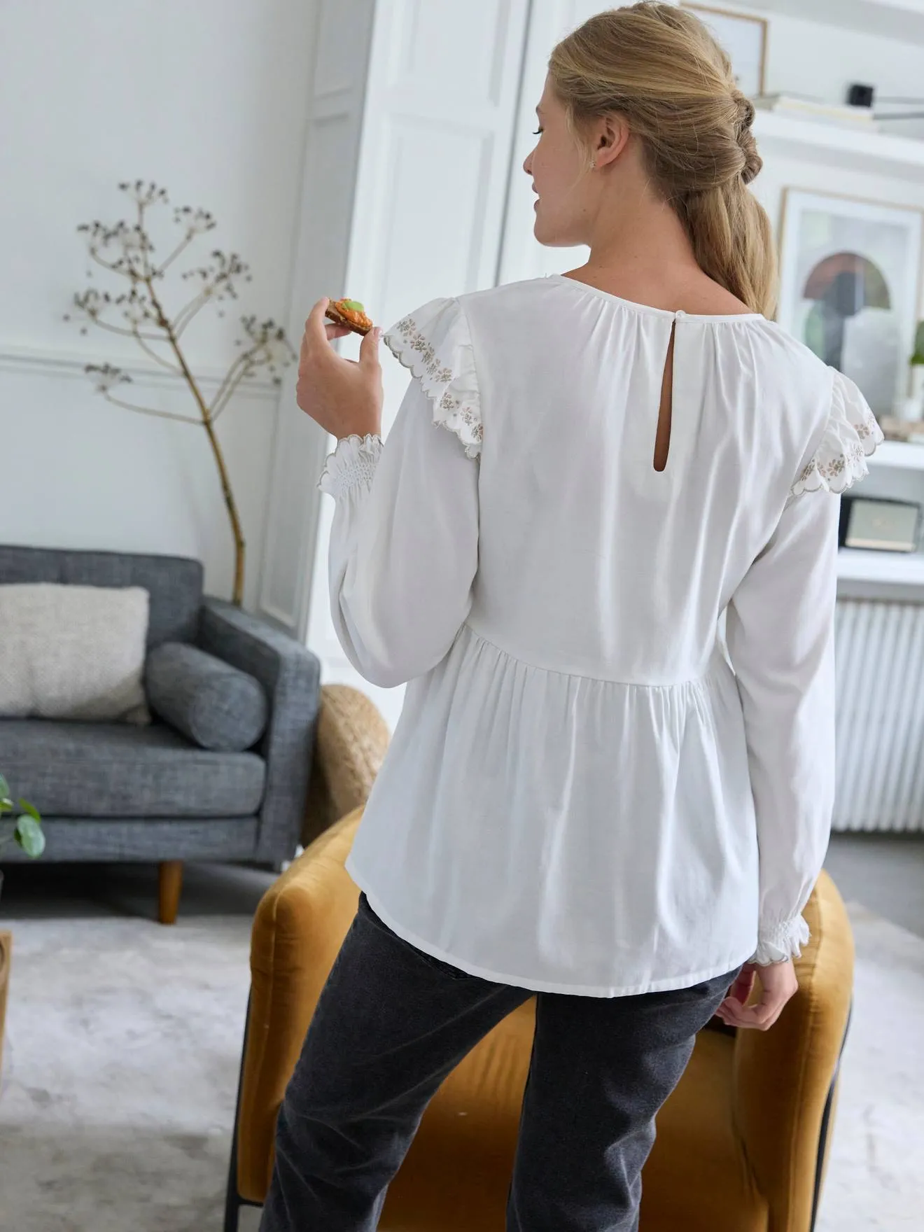 Blusa para embarazo bordada de gasa de algodón y viscosa