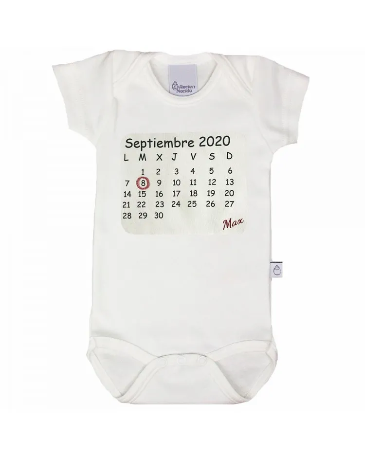 Body calendario con fecha y nombre del bebé