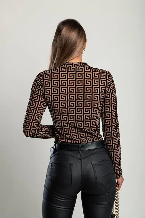 Body transparente con estampado geométrico, marrón