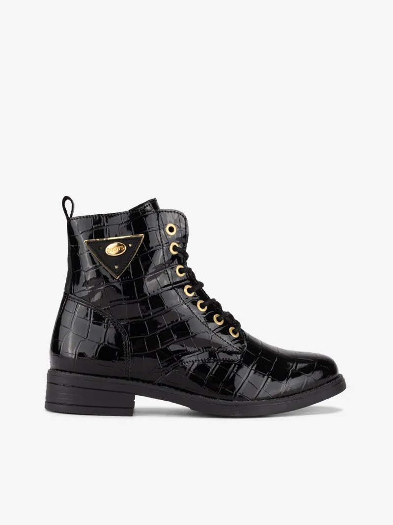 BOTIM EM VERNIZ ESTAMPADO CROCO DE ATACADOR COM APLICAÇÃO