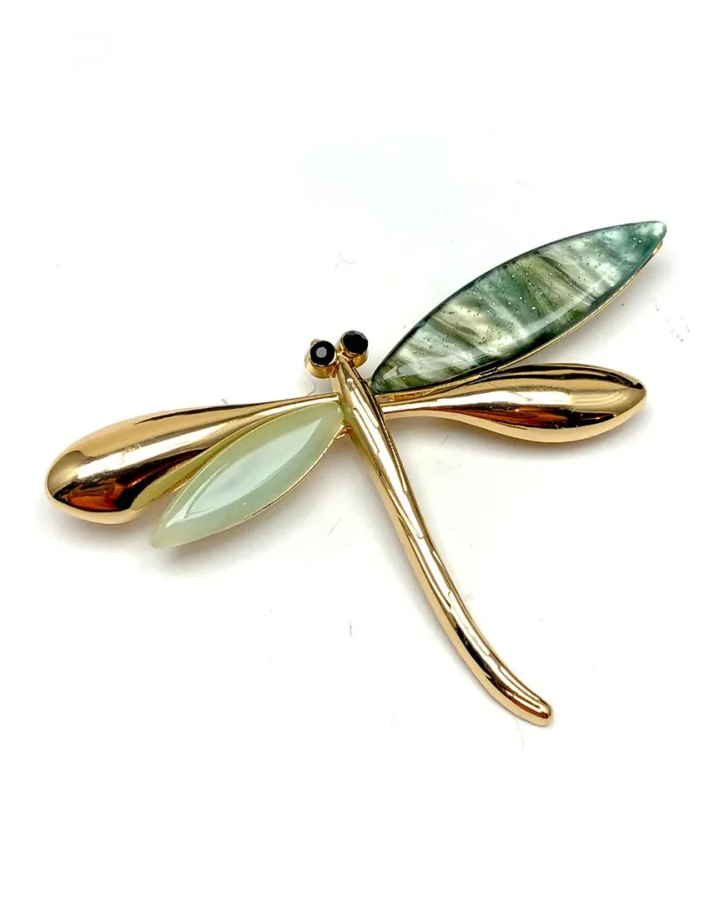 BROCHES DE MUJER DORADOS Y VERDES CON ELEGANTE LIBELULA