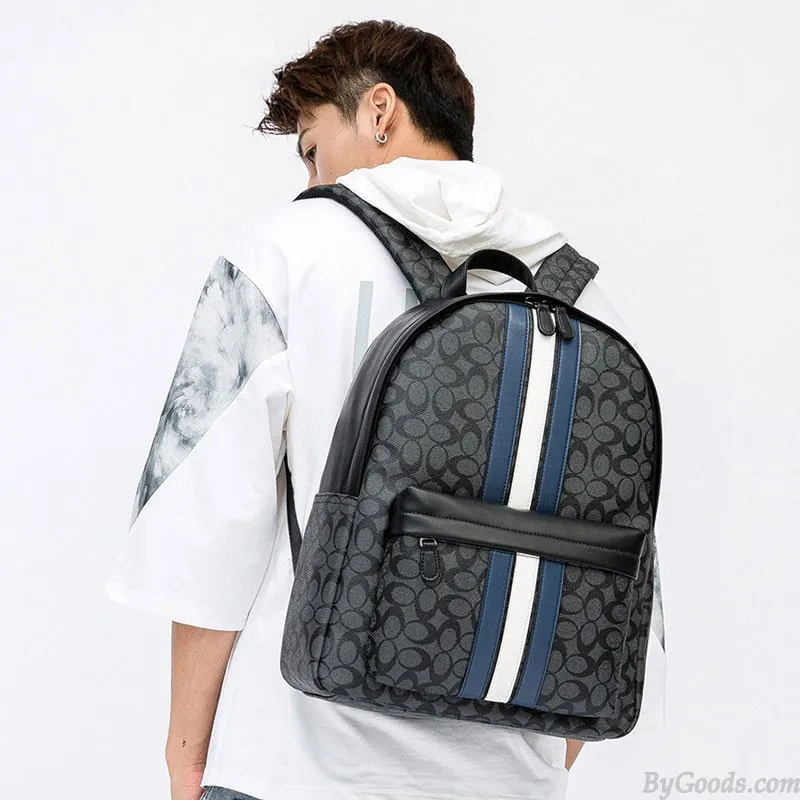 Business Casual Leather Laptop Bag Vertical Stripes PU Leather Student Bookbag For Boy School Backpack