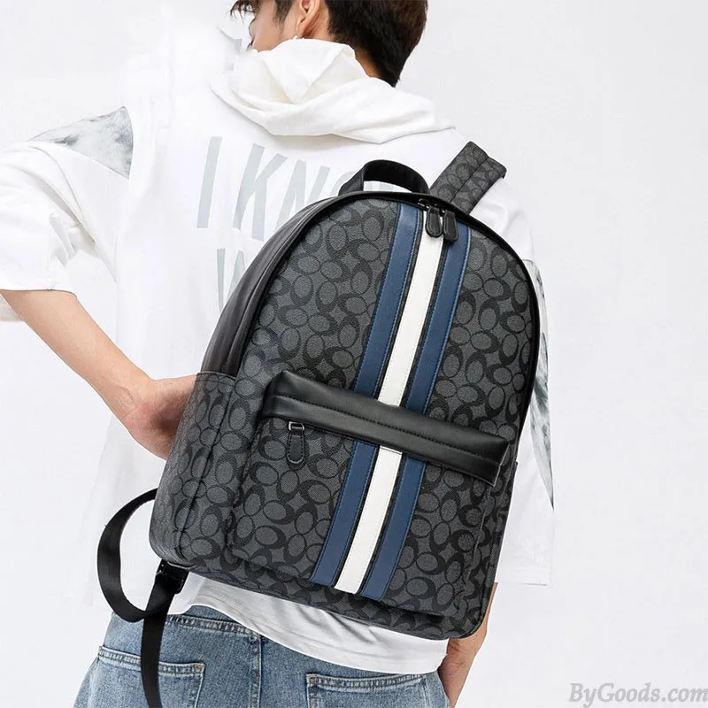 Business Casual Leather Laptop Bag Vertical Stripes PU Leather Student Bookbag For Boy School Backpack