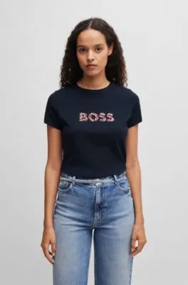 Camiseta de cuello redondo en punto de algodón con logo de diseño