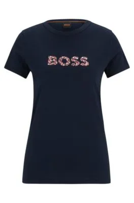 Camiseta de cuello redondo en punto de algodón con logo de diseño