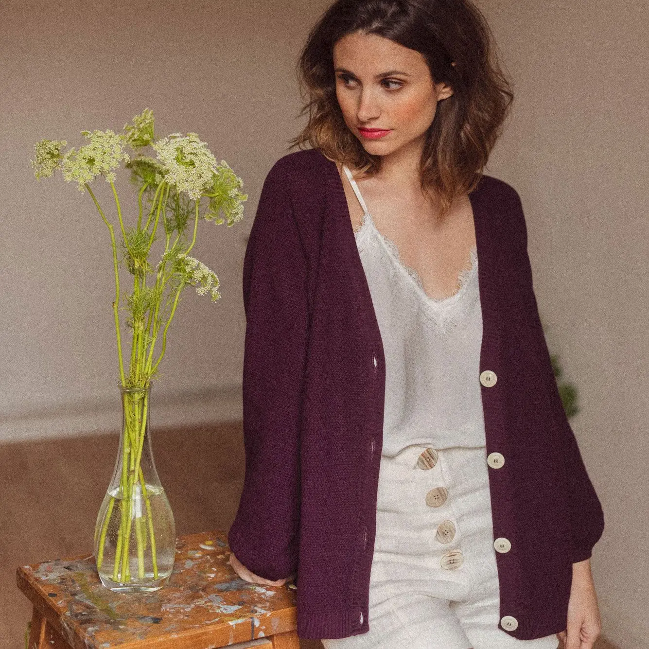 Cardigan de punto mujer color berenjena