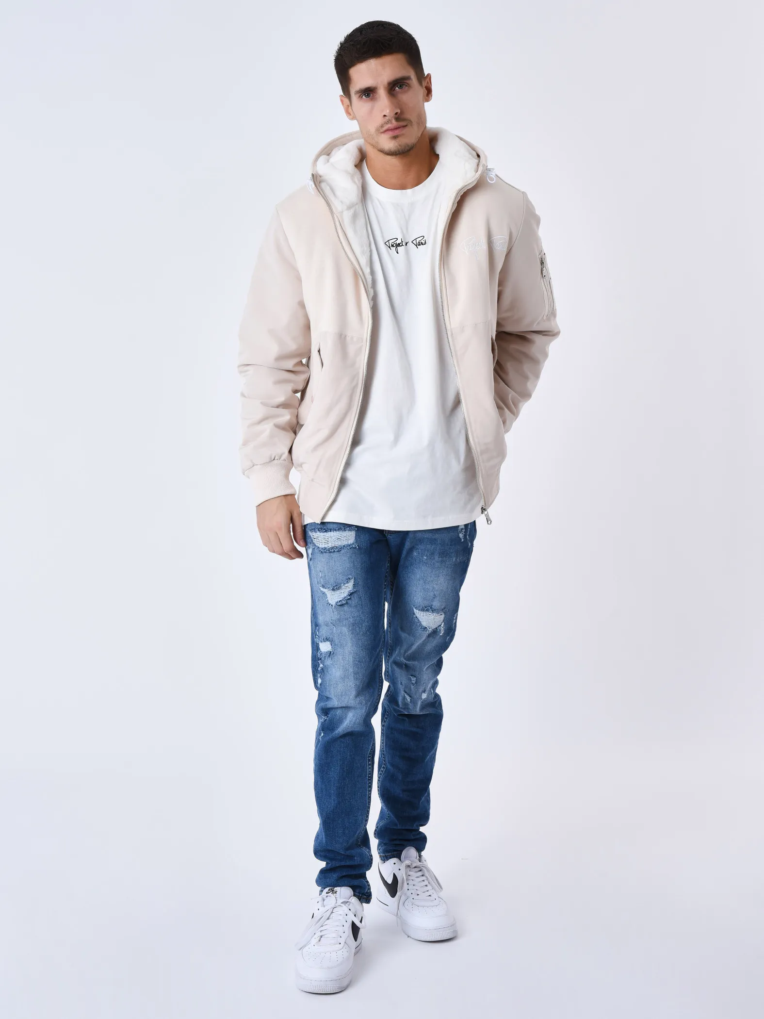 Chaqueta bimaterial con capucha y forro polar