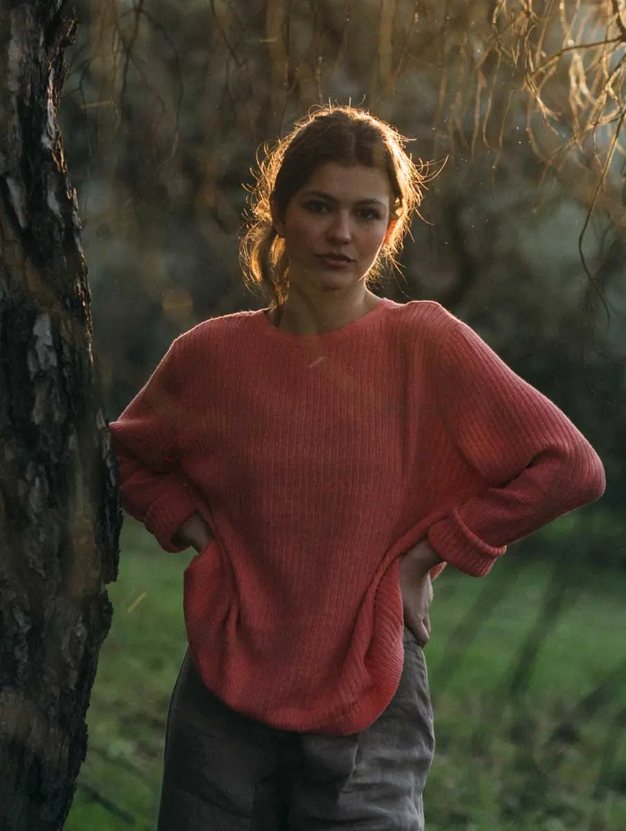 Chaqueta de punto acanalado coral para mujer