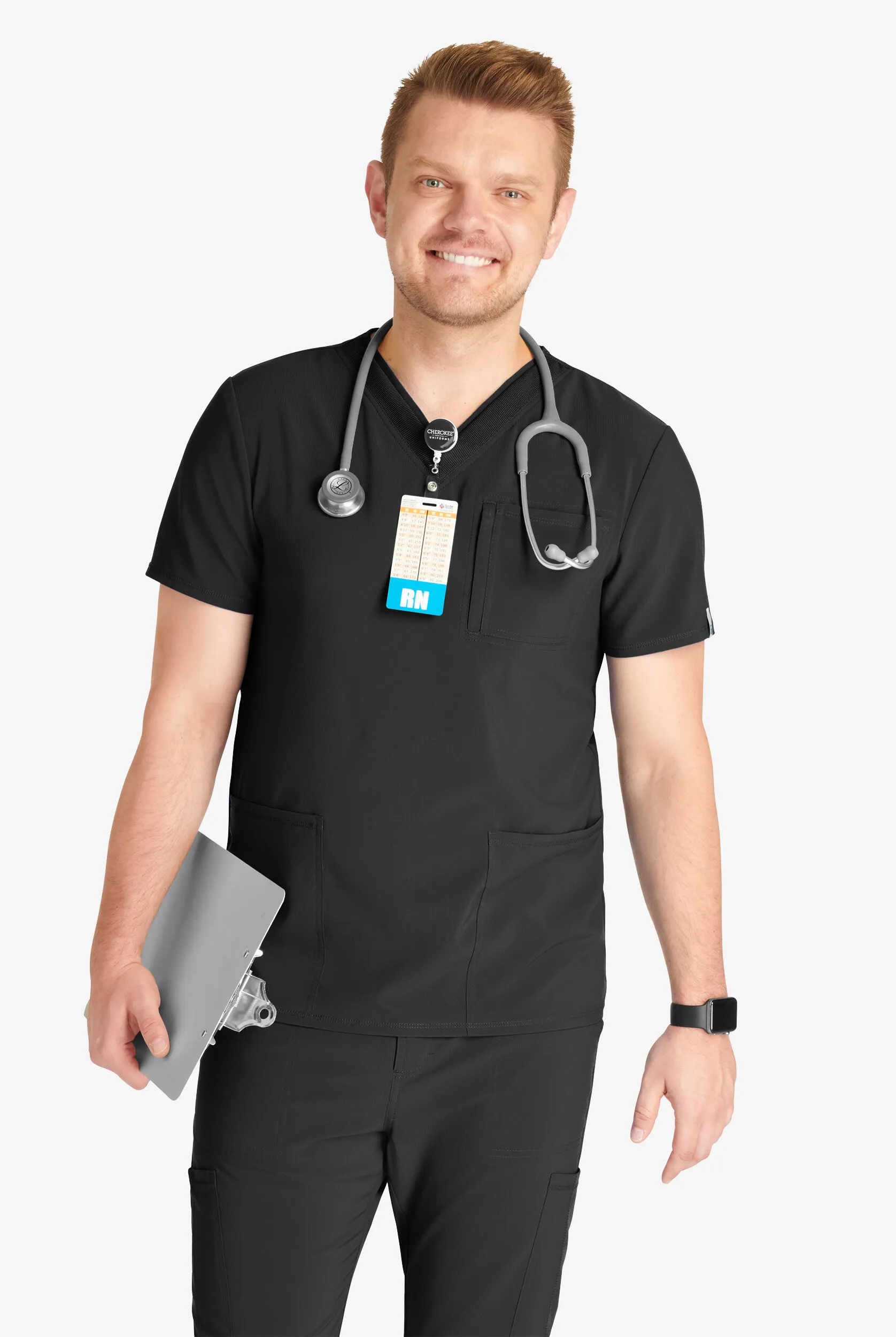CHEROKEE COLLECTION MEN'S 4POCKET STRETCH LAYERED NECKBAND VNECK SCRUB TOP