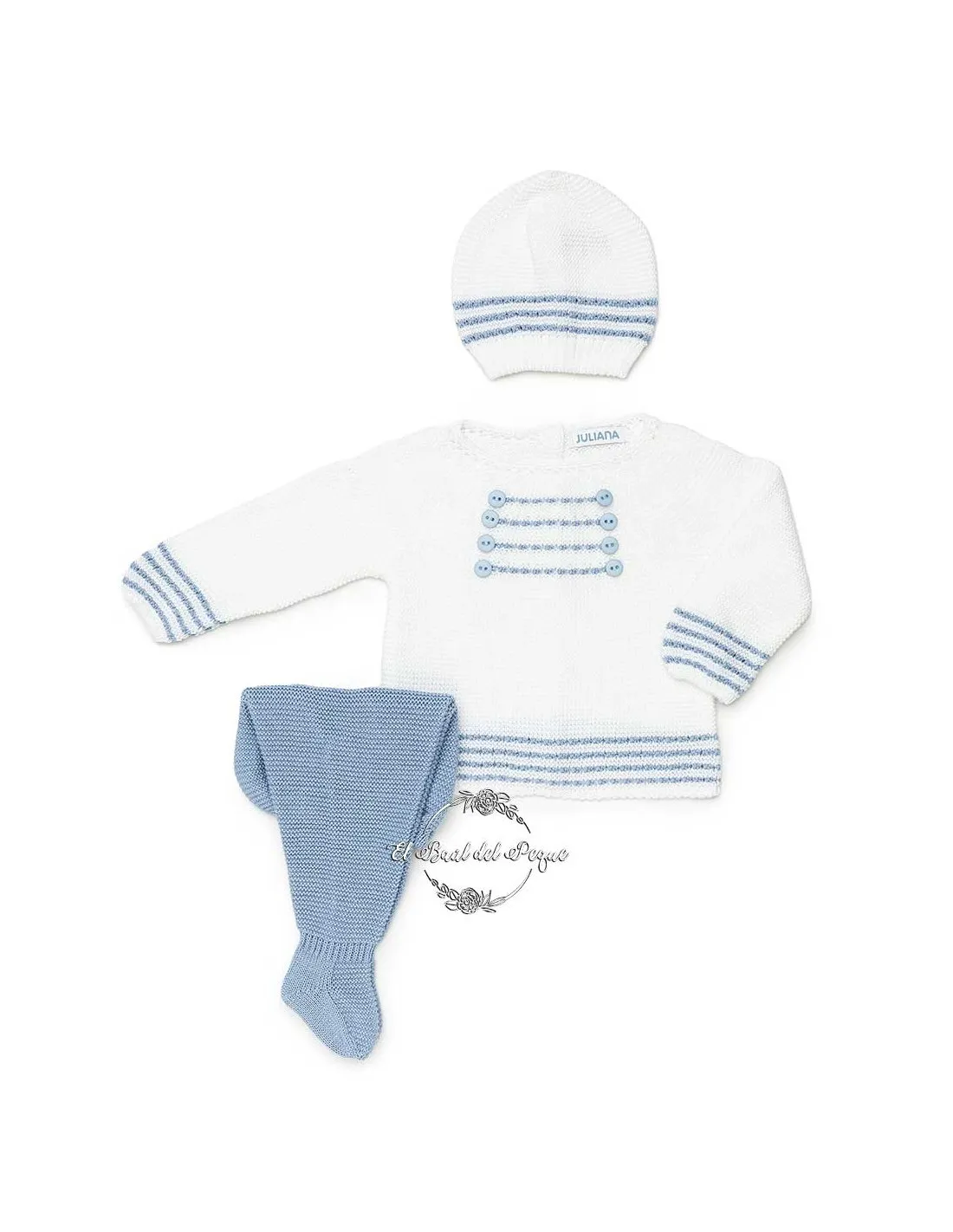 Conjunto Punto 3 Piezas Rayado Botones Blanco Cielo Juliana