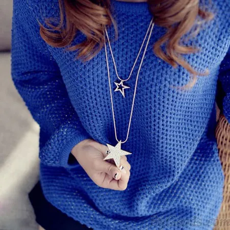 Double Stars Rhinestone Sweater Chain Long Necklace 