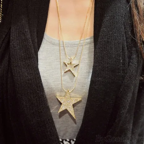 Double Stars Rhinestone Sweater Chain Long Necklace 