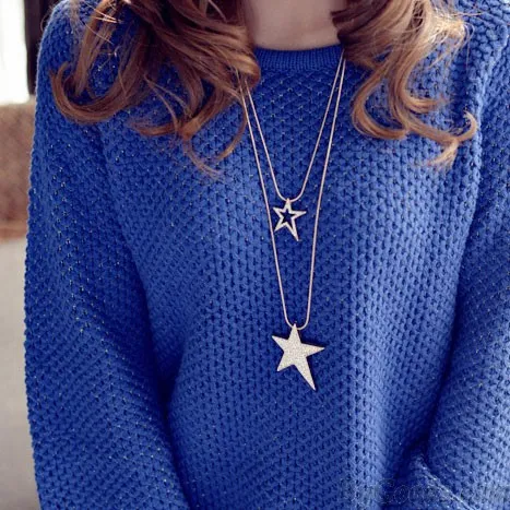 Double Stars Rhinestone Sweater Chain Long Necklace 
