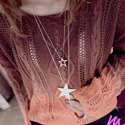 Double Stars Rhinestone Sweater Chain Long Necklace 