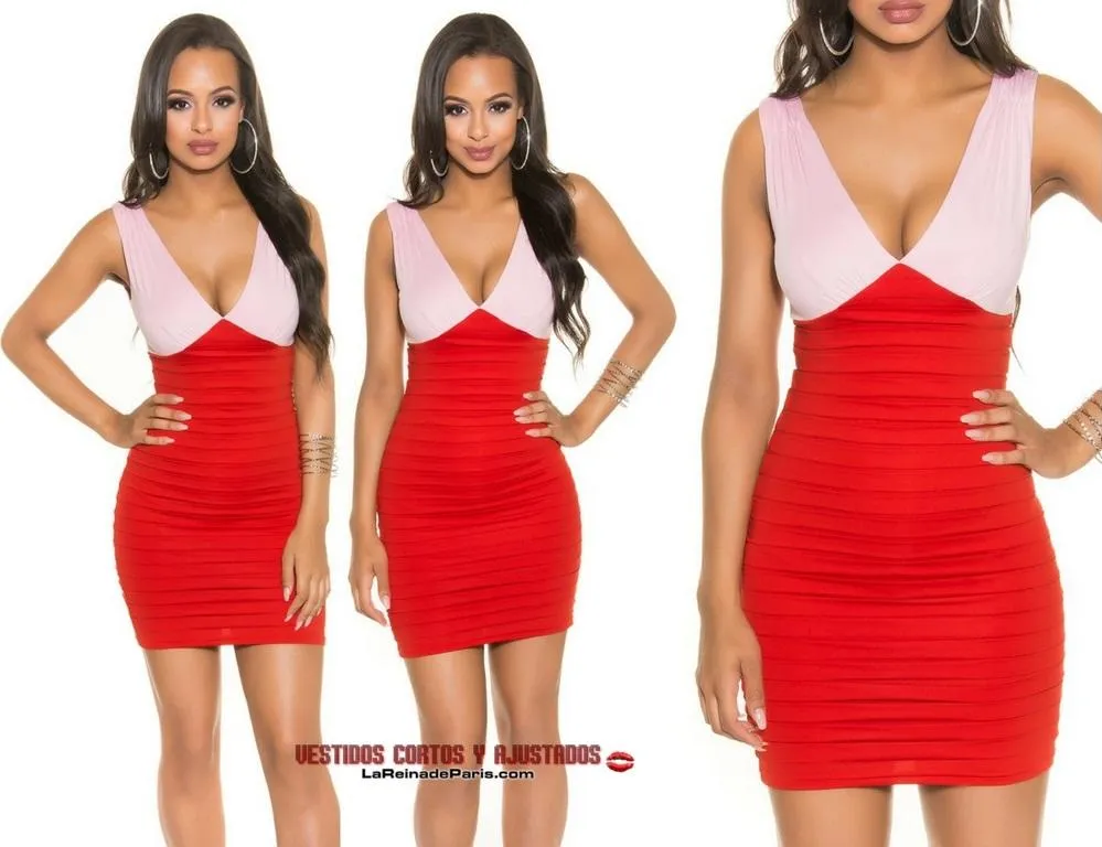 Elegante vestido ceñido Bicolor Rojo 