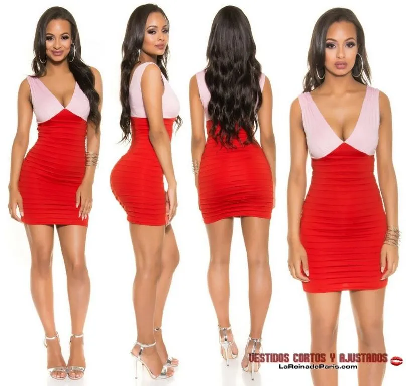 Elegante vestido ceñido Bicolor Rojo 