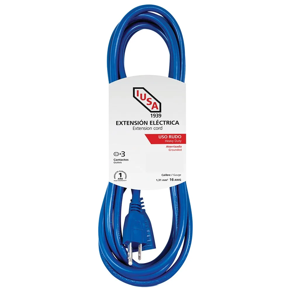 Extensión de Uso Rudo Aterrizada, Azul, Clavija Recta, 8m, IUSA
