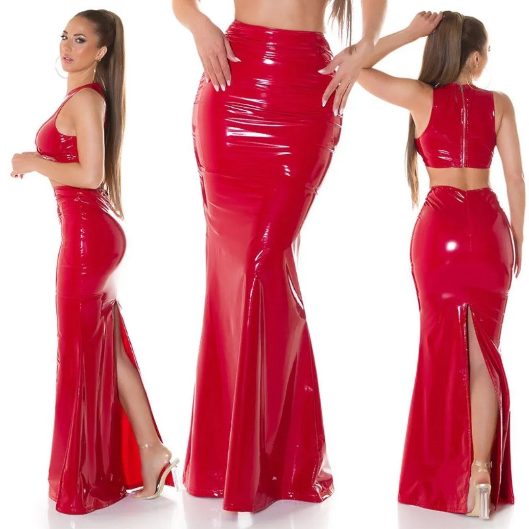 Falda Larga Latex Look Rojo