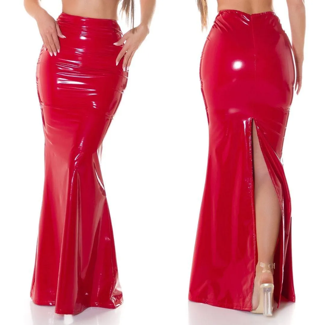 Falda Larga Latex Look Rojo