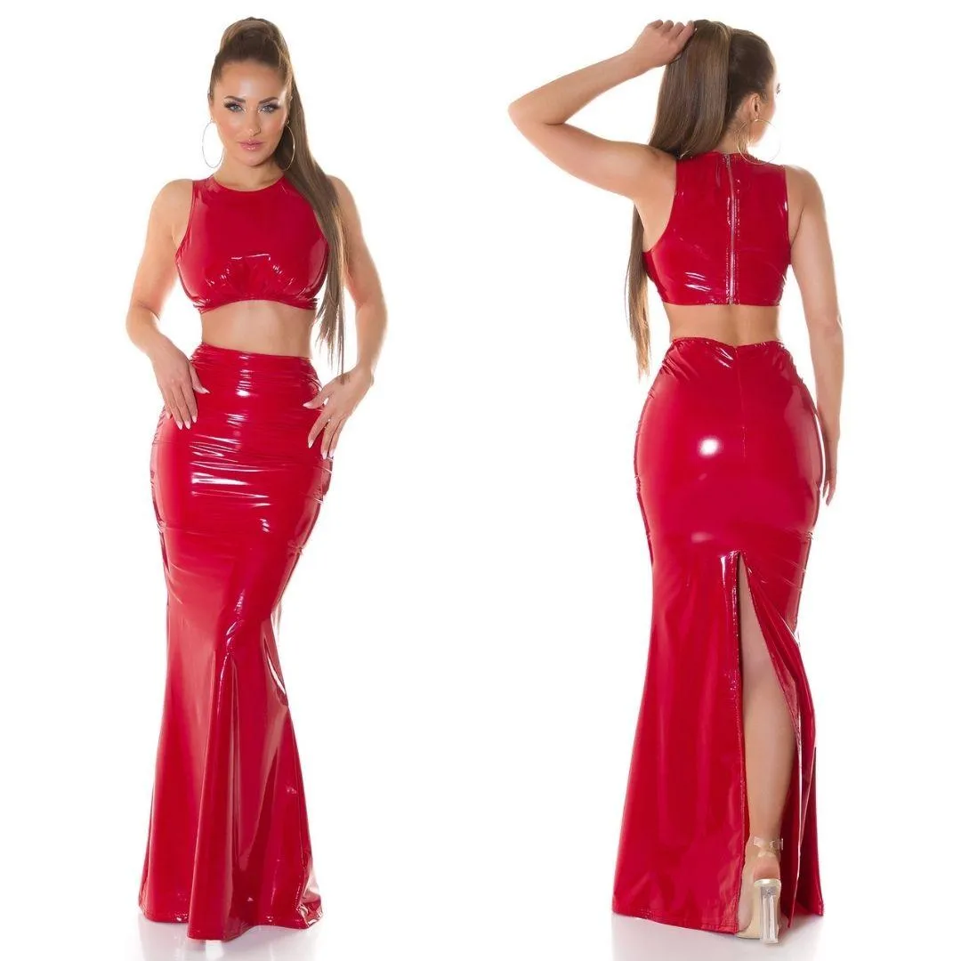 Falda Larga Latex Look Rojo