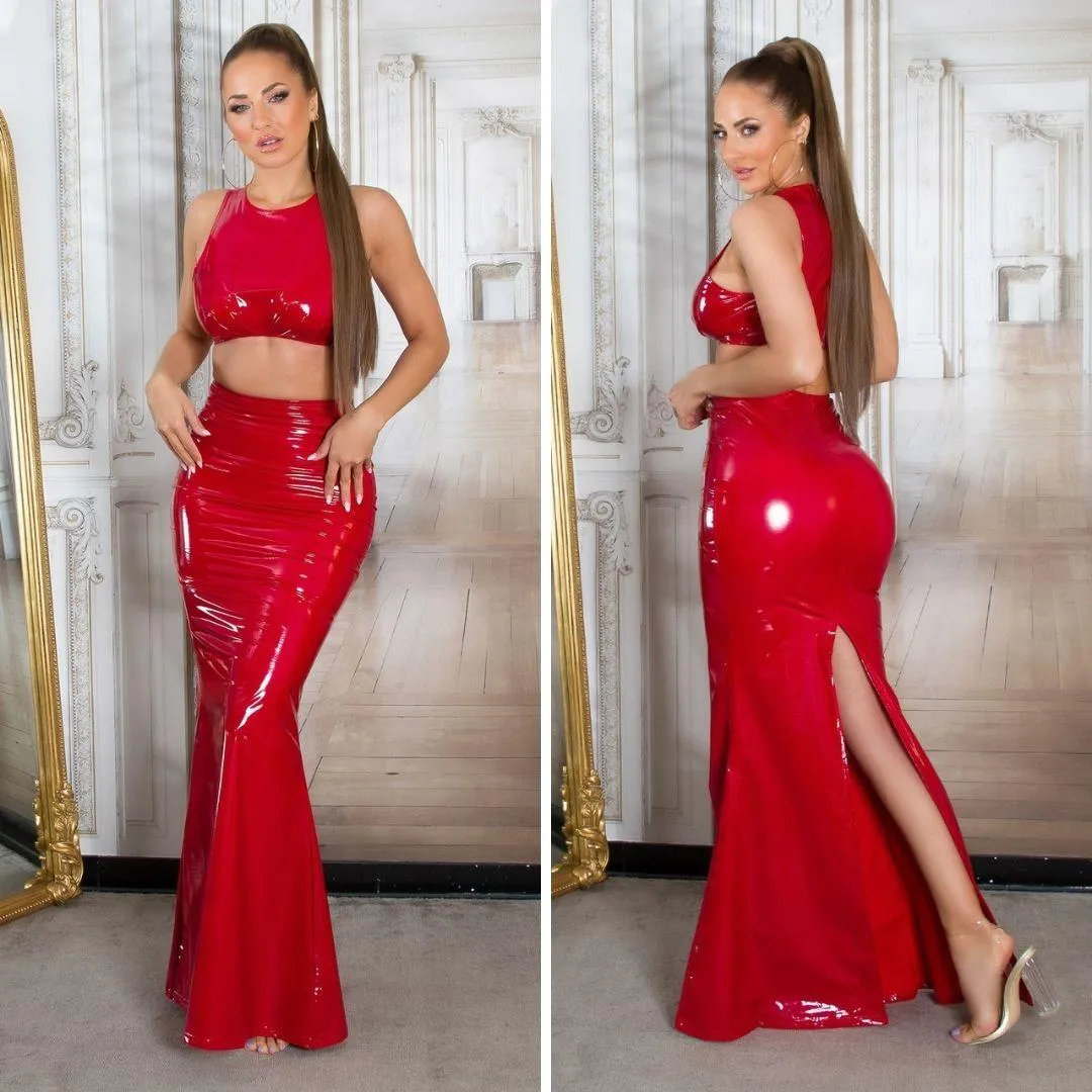 Falda Larga Latex Look Rojo