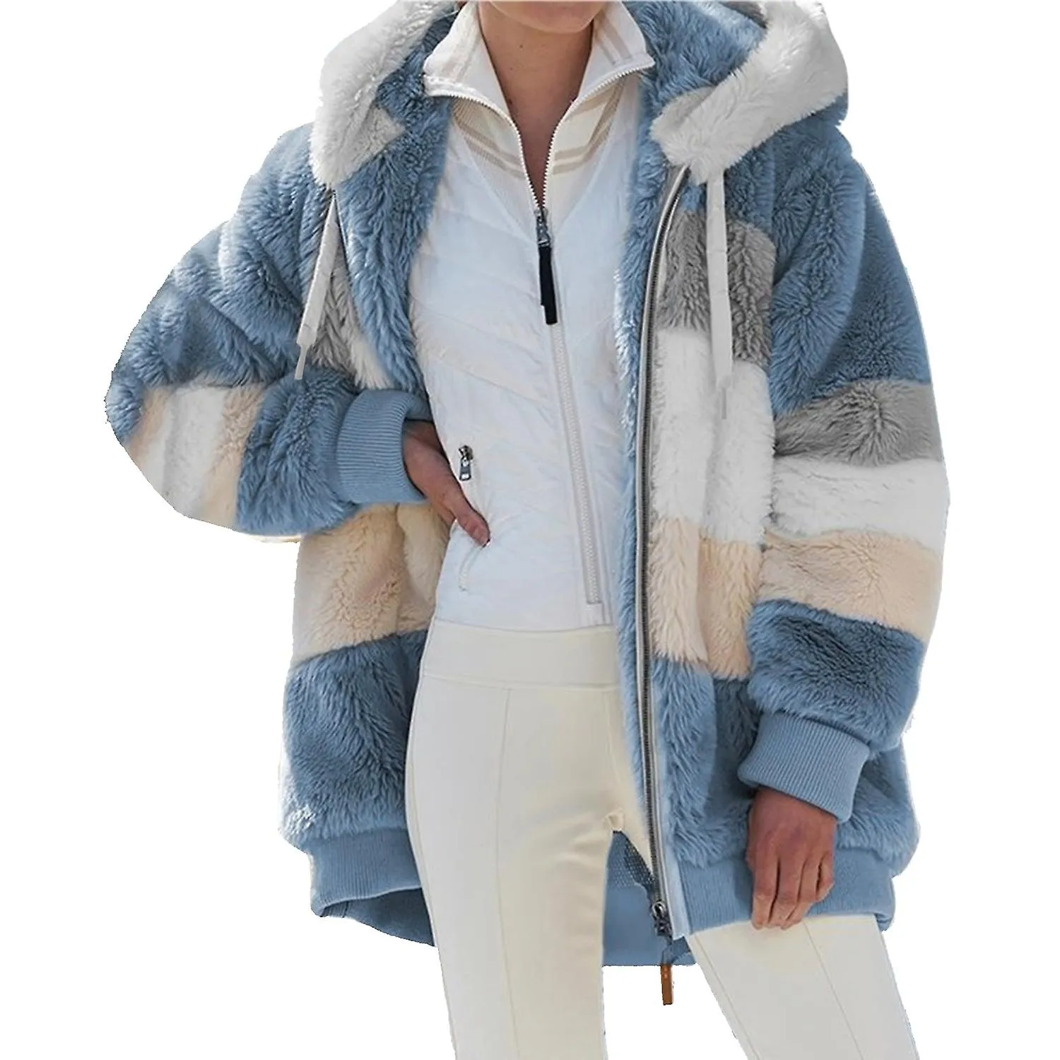 Fashion Women Winter Plush Coat Splicing Hooded Long Sleeve Zipper Pocket Warm Soft Jacket