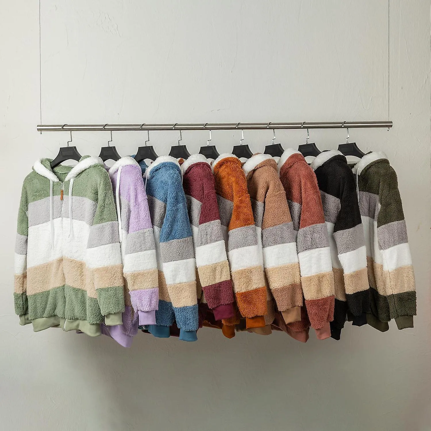 Fashion Women Winter Plush Coat Splicing Hooded Long Sleeve Zipper Pocket Warm Soft Jacket
