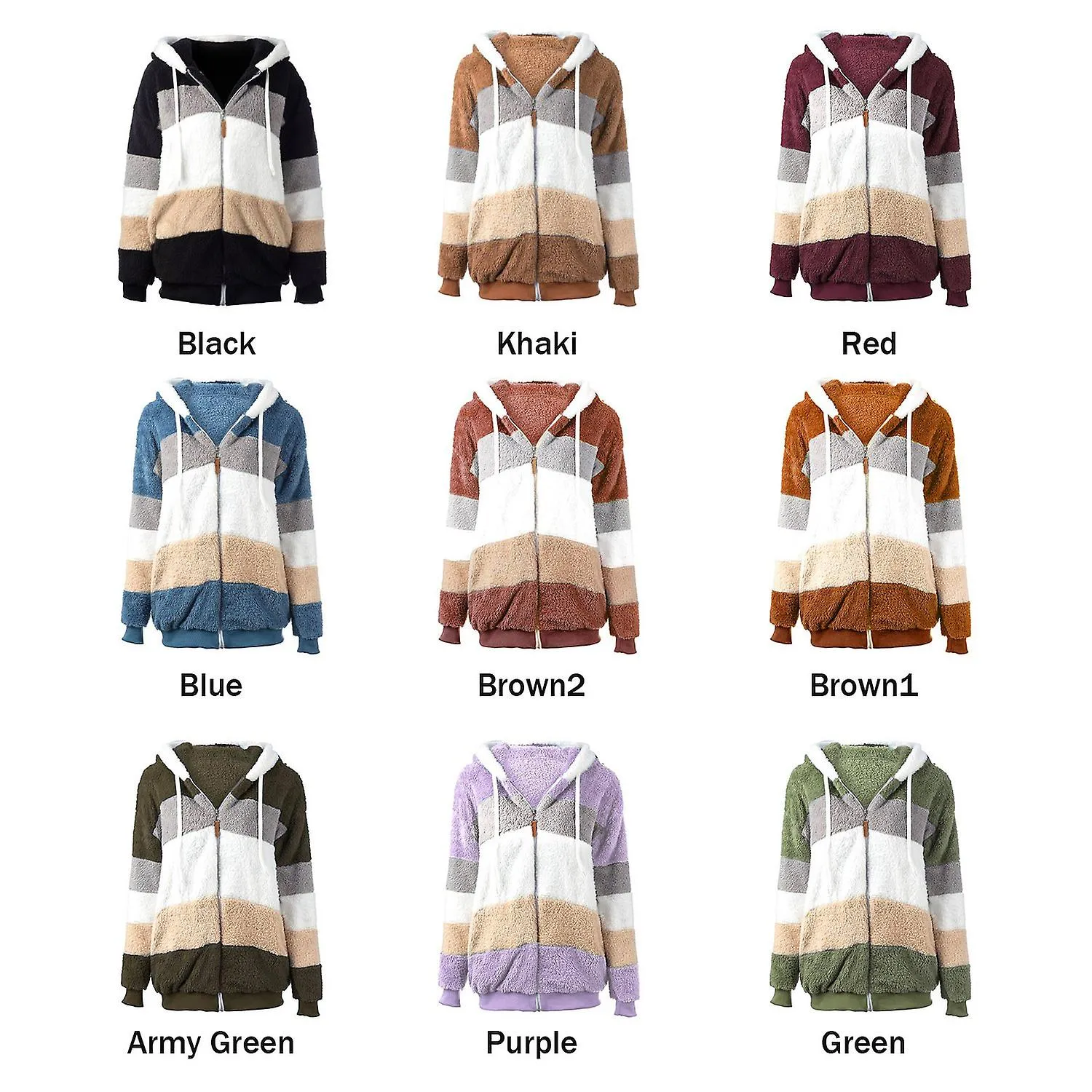 Fashion Women Winter Plush Coat Splicing Hooded Long Sleeve Zipper Pocket Warm Soft Jacket