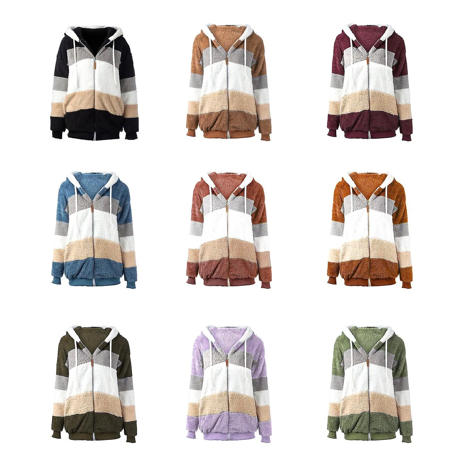 Fashion Women Winter Plush Coat Splicing Hooded Long Sleeve Zipper Pocket Warm Soft Jacket