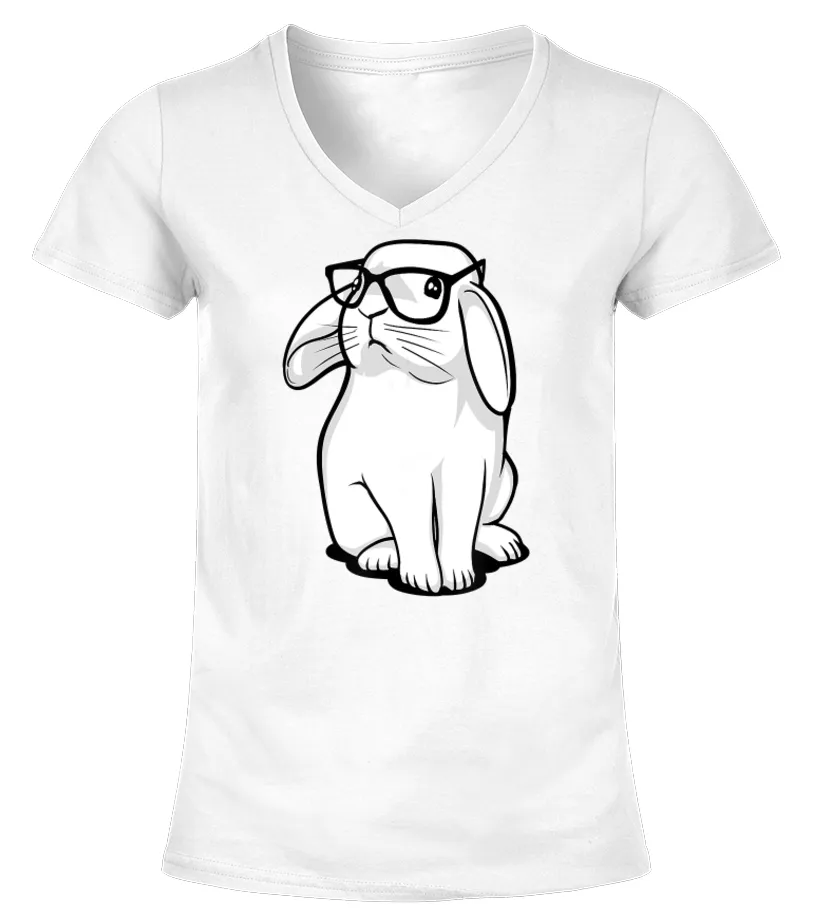 FUNNY RABBIT HIPSTER BUNNY GEEK NERD WOMEN GIRLS TSHIRT CAMISETA CUELLO PICO MUJER