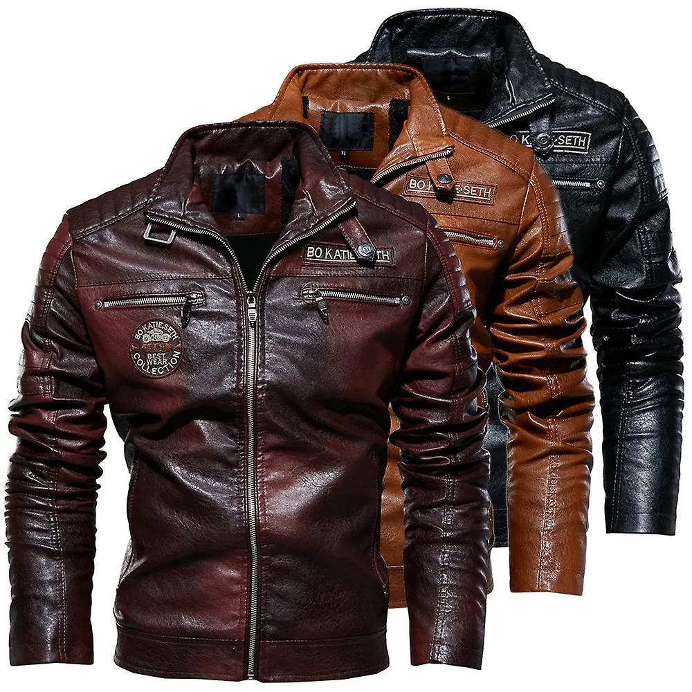 Hombre Vintage Stand Collar Pu Chaqueta de cuero Motocicleta Faux Leather Outwear Coat