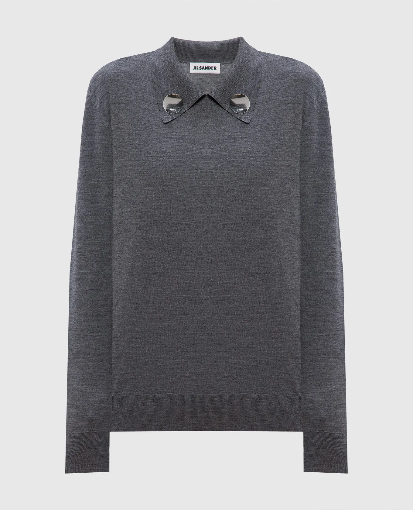 JIL SANDER GRAY WOOL JUMPER WITH LOGOENGRAVED METAL BROOCHES