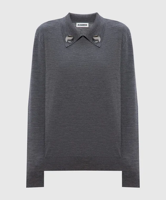 JIL SANDER GRAY WOOL JUMPER WITH LOGOENGRAVED METAL BROOCHES