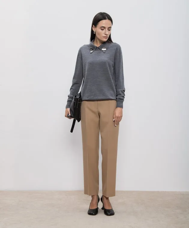 JIL SANDER GRAY WOOL JUMPER WITH LOGOENGRAVED METAL BROOCHES