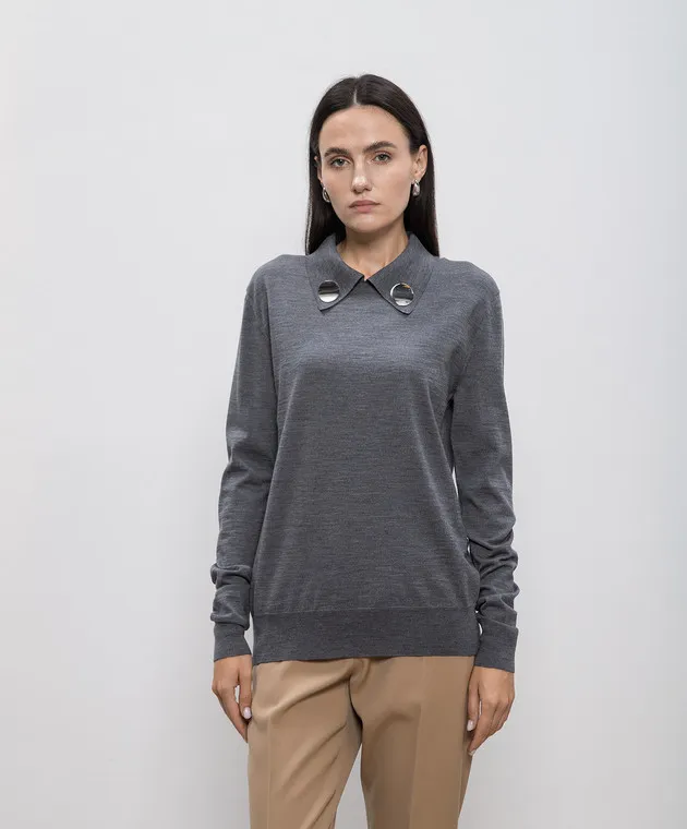 JIL SANDER GRAY WOOL JUMPER WITH LOGOENGRAVED METAL BROOCHES