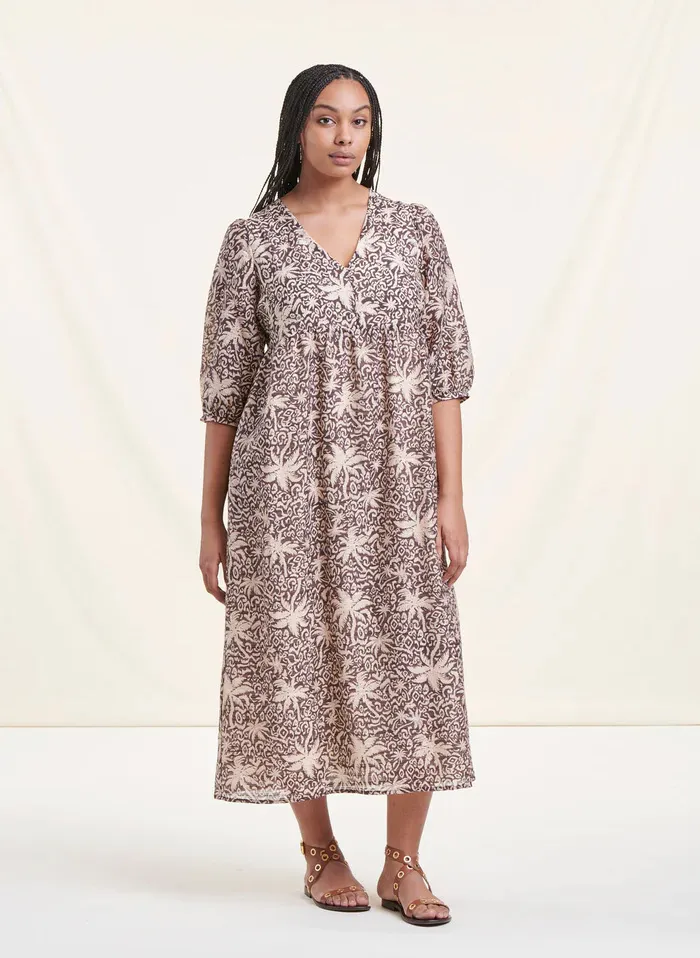 LA FEE MARABOUTEE Vestido midi estampado de mezcla de algodón con cuello de pico en marron