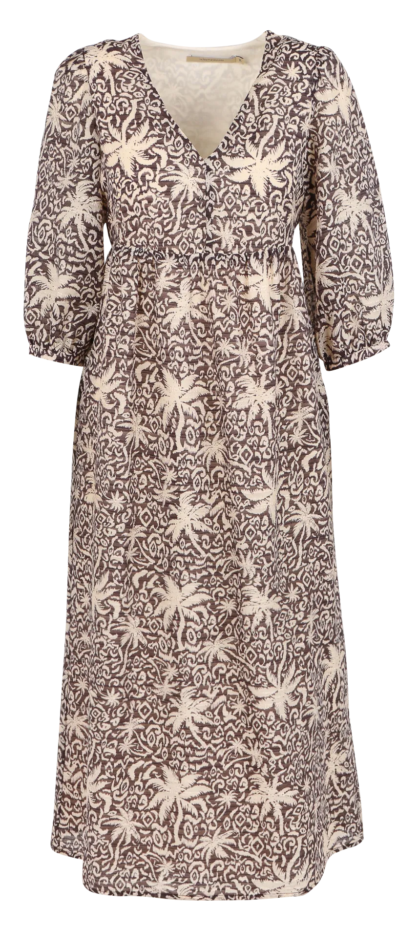 LA FEE MARABOUTEE Vestido midi estampado de mezcla de algodón con cuello de pico en marron