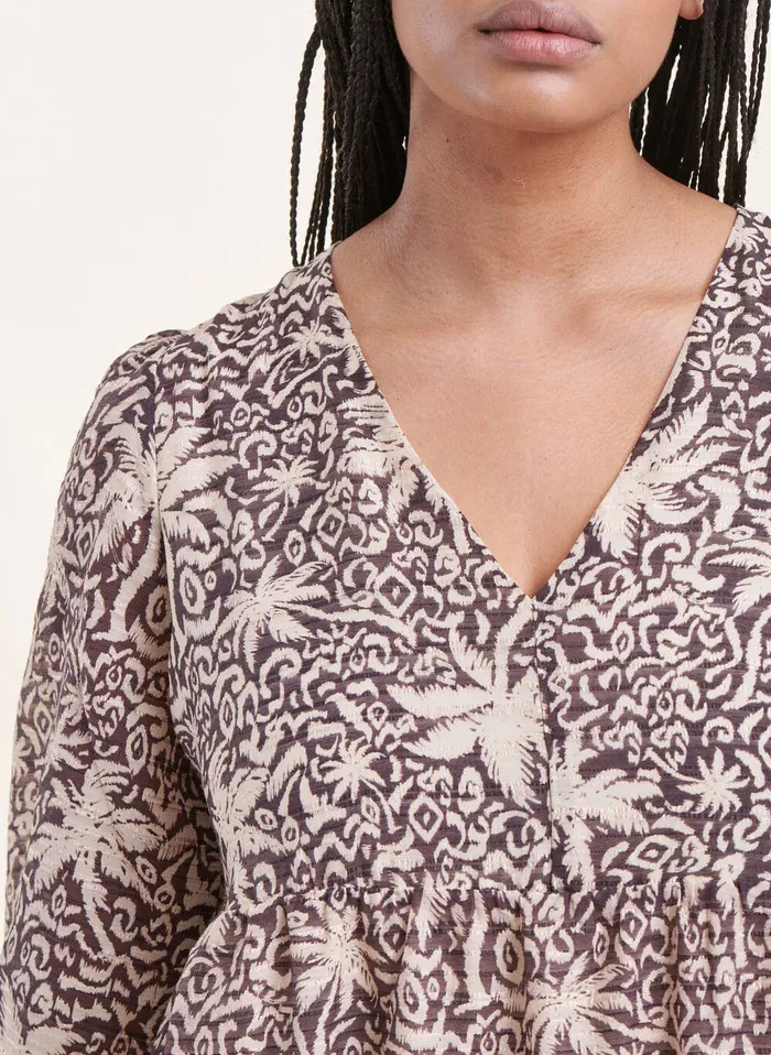 LA FEE MARABOUTEE Vestido midi estampado de mezcla de algodón con cuello de pico en marron