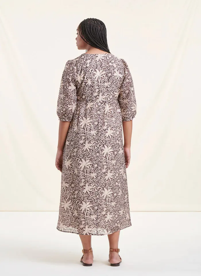 LA FEE MARABOUTEE Vestido midi estampado de mezcla de algodón con cuello de pico en marron