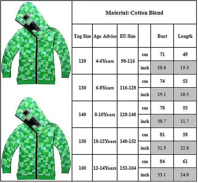 Minecraft Creeper Disfraz Niños Zip Up Hoodie Coat Boys Girls Sudadera con capucha Chaqueta Tops
