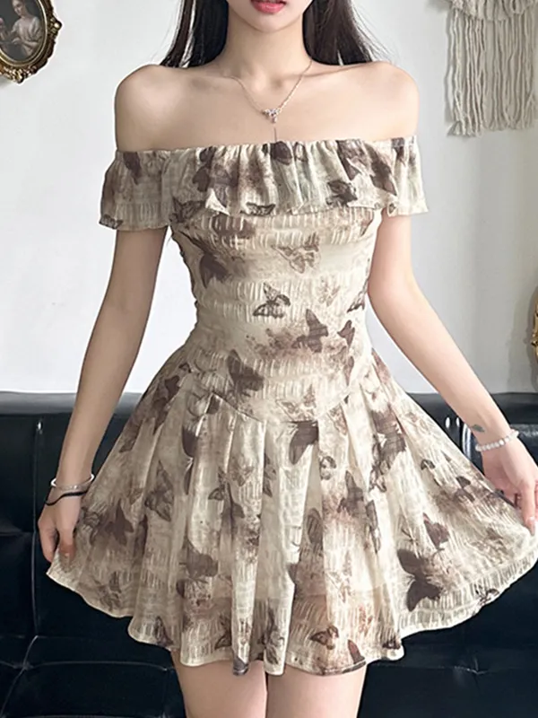 Minivestidos retro de malla con cintura con estampado de mariposas