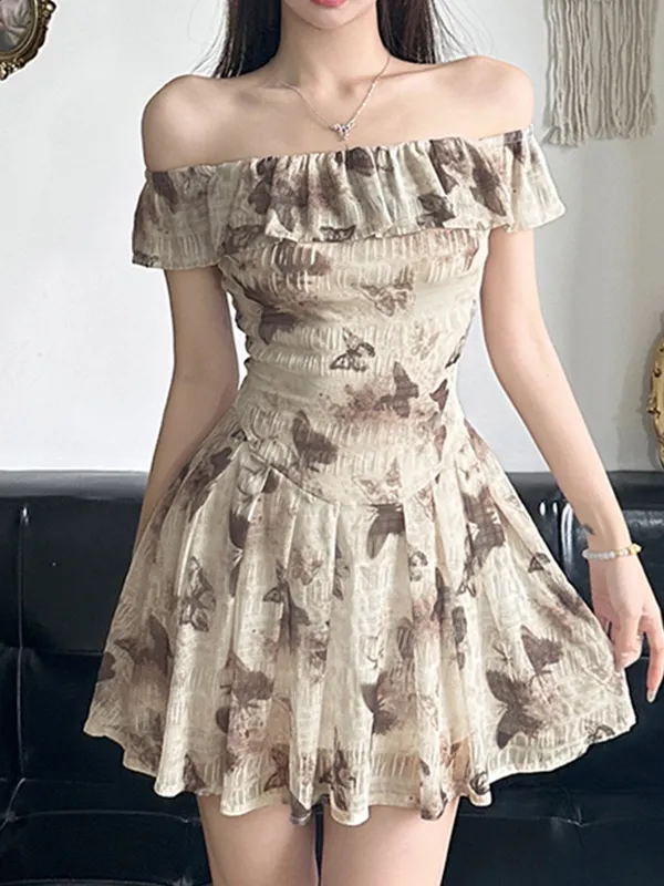 Minivestidos retro de malla con cintura con estampado de mariposas