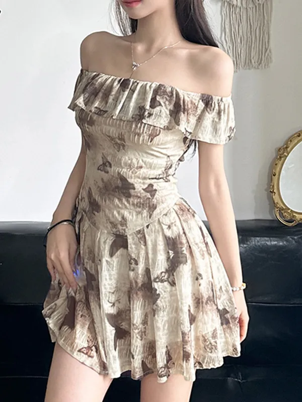 Minivestidos retro de malla con cintura con estampado de mariposas