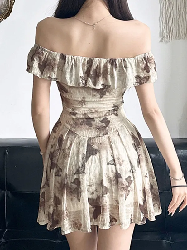 Minivestidos retro de malla con cintura con estampado de mariposas