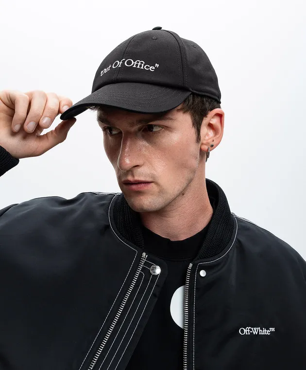 OFFWHITE OUT OF OFFICE BLACK CAP WITH CONTRASTING EMBROIDERY