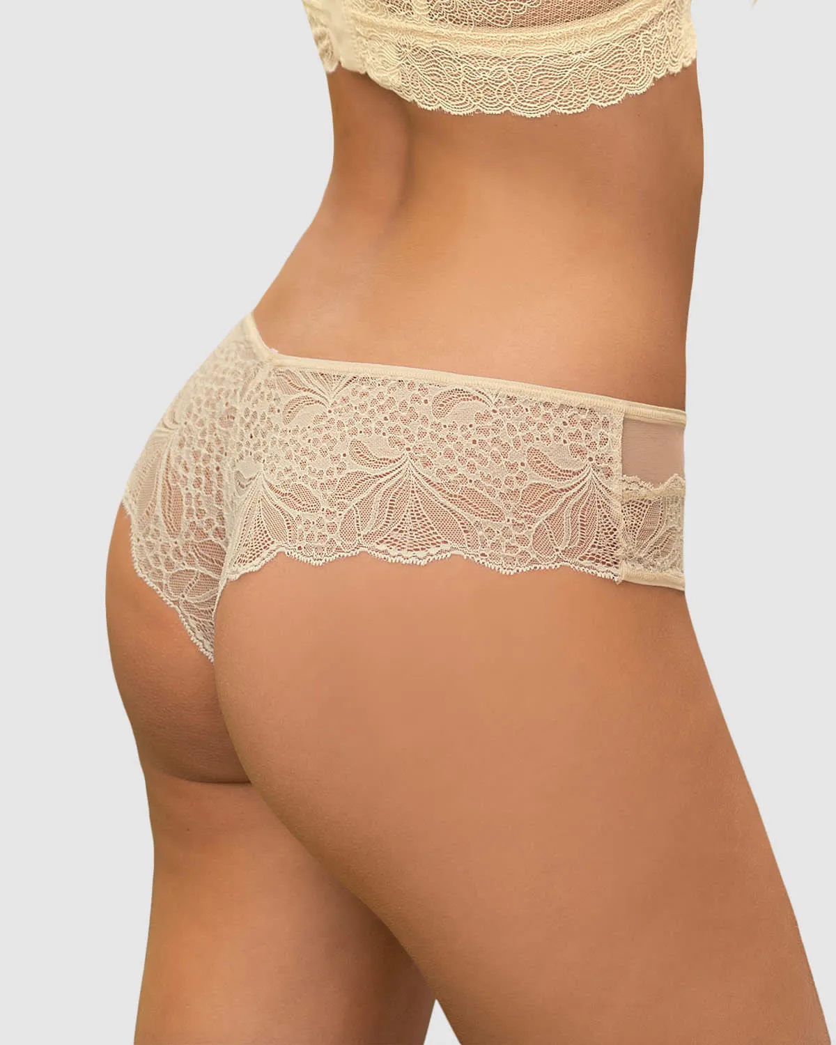 Panty cachetero semidescaderado en encaje y tul con refuerzo en algodón