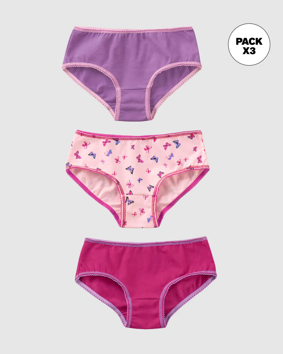 Paquete x 3 panties clásicos en algodón suave para nia