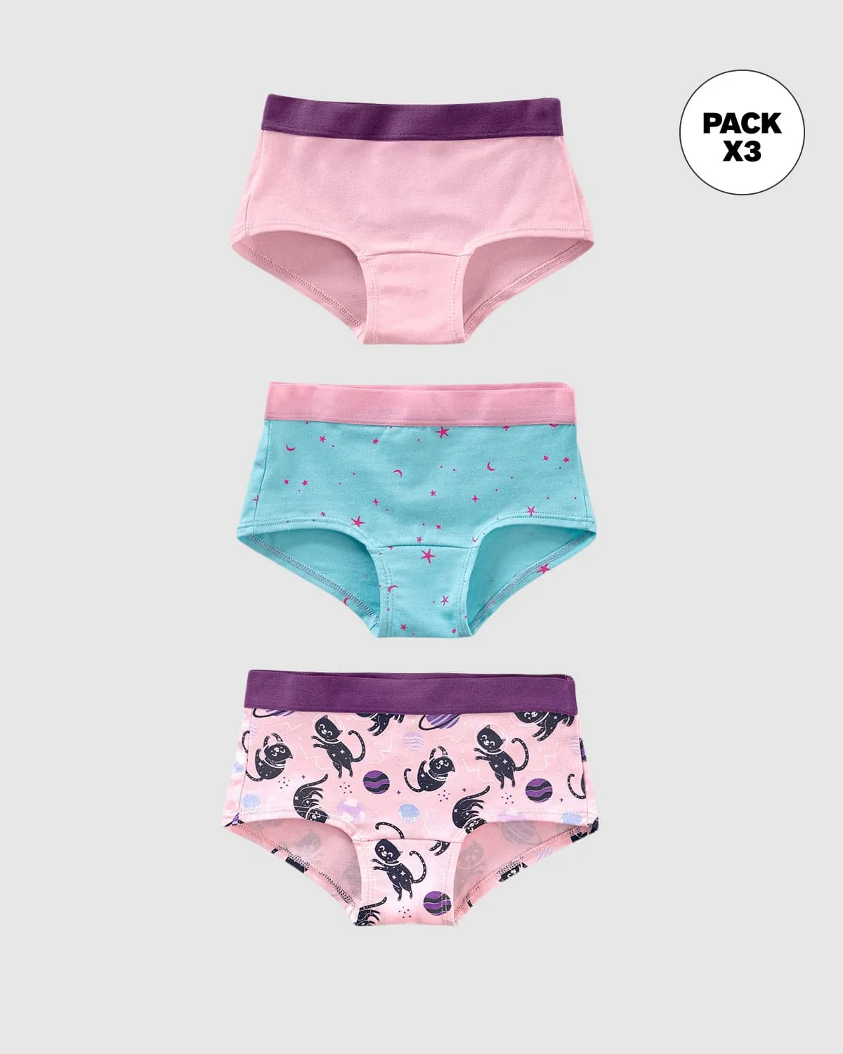 Paquete x 3 panties tipo hipster en algodón suave para nia